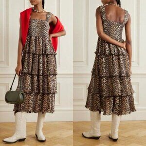 Ganni Leopard Print Pleated Tiered Georgette Smocked Midi Dress Size M